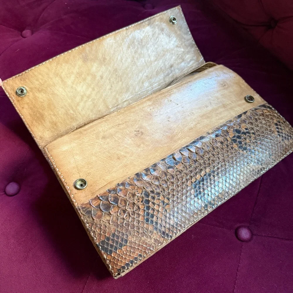 Vintage - Handmade Brown Snakeskin Accordion Clutch Shoulder Bag